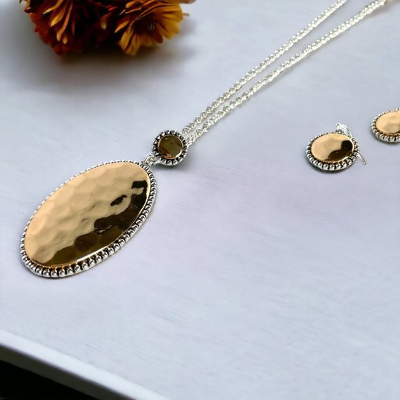 Necklace & Earring Set, Gold/Silver Tone, Hammered & Antique Finish, 18" - 21" - Picture 5 of 6